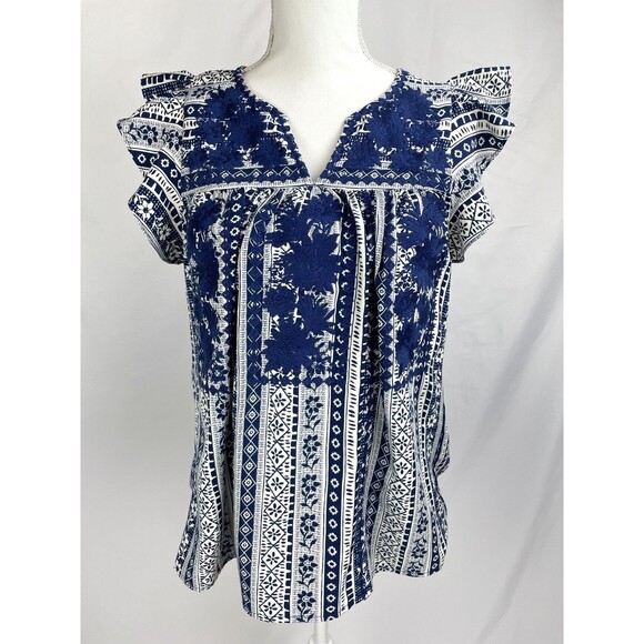 Savanna Jane Tops - Savanna Jane Blouse Women Small Blue Crochet Top Boho Floral Embroidered